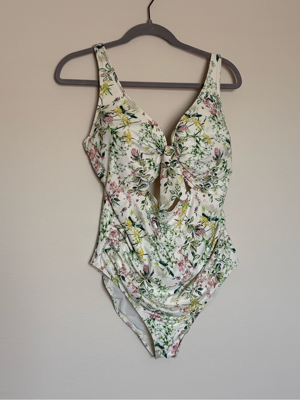 Floral Tie-Front One-Piece Swimsuit - Cream with Green & Pink Floral